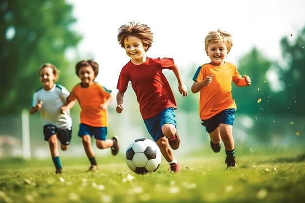 Fútbol para niños, fútbol, niños pequeños, jugadores, partido, en, campo de fútbol, bandera