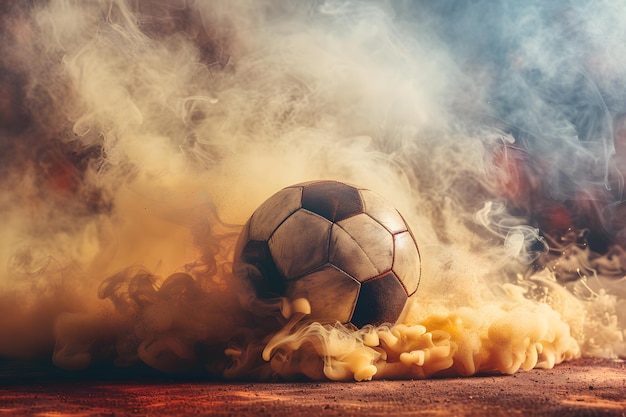 Fútbol realista sobre un fondo creativo de humo y formas en 3D