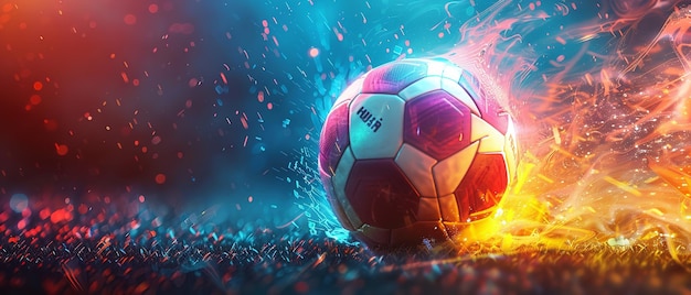 Fútbol sobre una vigorosa escena deportiva generada digitalmente de colores vibrantes que comprende descargas eléctricas de neón y fuego y espacio IA generativa