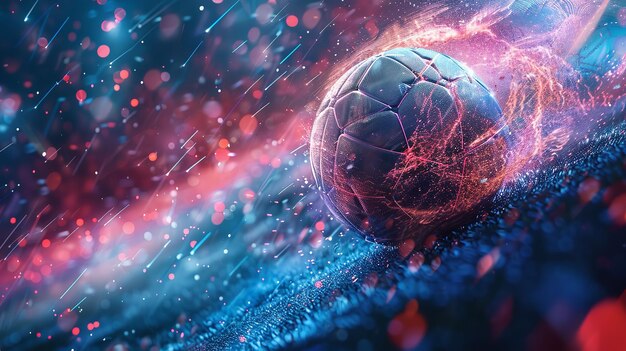 Fútbol sobre una vigorosa escena deportiva generada digitalmente de colores vibrantes que comprende descargas eléctricas de neón y fuego y espacio IA generativa