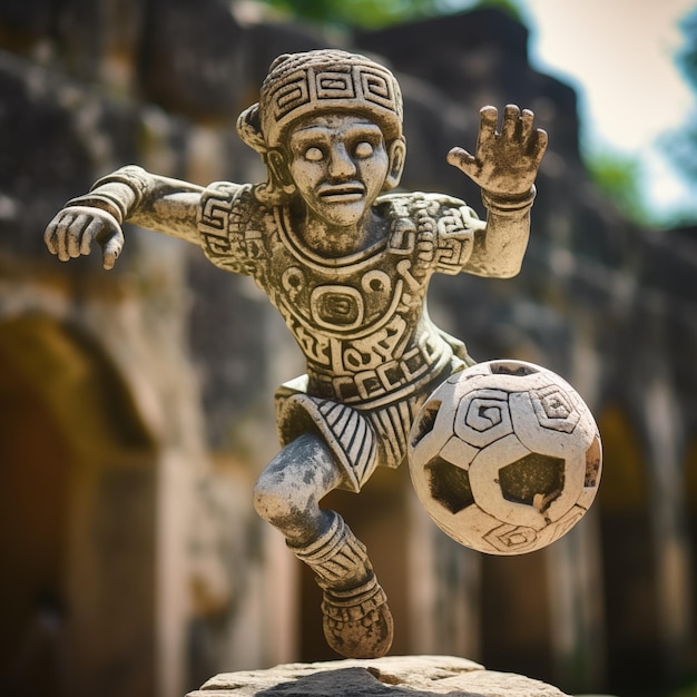 Un futbolista diseñado en arte rústico maya tallado en piedra.