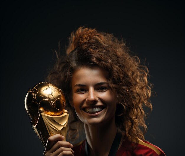 Futbolista española con trofeo de copa mundial