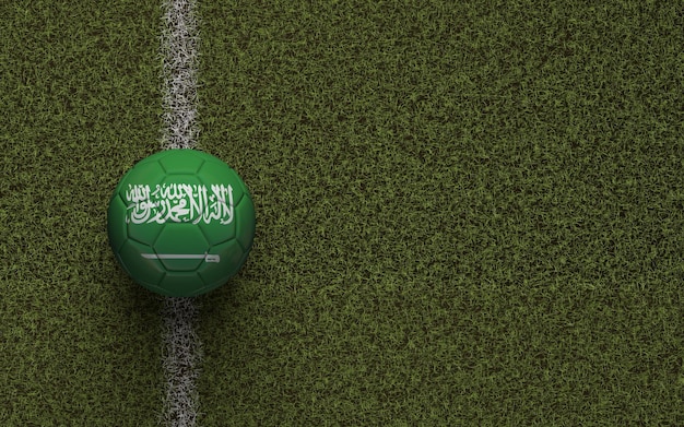 Futebol de bandeira da Arábia Saudita em uma renderização verde do campo de futebol 3D