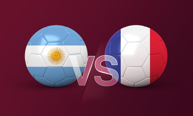 Futebol de final de futebol com bandeiras de futebol de bola Argentina vs França 3D em fundo vermelho