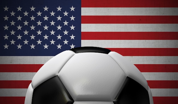 Futebol de futebol contra uma rendição 3D do fundo da bandeira dos EUA