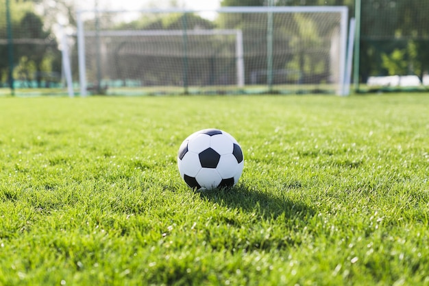 Foto futebol, em, capim, frente, meta