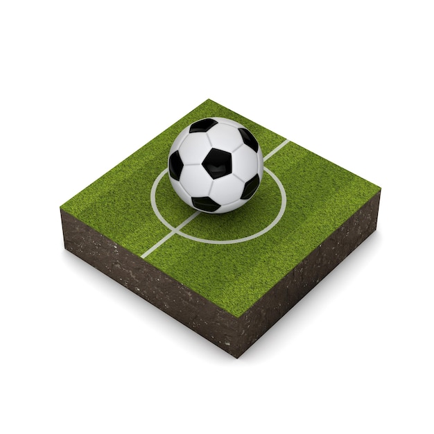 Foto futebol em um ícone isométrico de campo de futebol verde 3d rendering