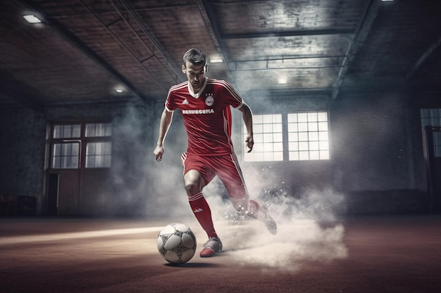 Futebol Futsal Bola e homem Jogador de equipe Futebol de salão Pavilhão esportivo Qualidade de publicidade Generative Ai