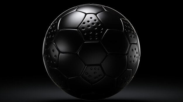 Futebol preto ou bola de futebol sobre um fundo preto correspondente com destaque na superfície texturizada e espaço de cópia