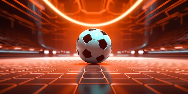 Futsal-Ball-Poster-Konzept in der Mitte eines futuristischen Hallenfußballfeldes oder Stadions mit leuchtenden Neonröhren im Hintergrund, generative KI im 3D-Stil