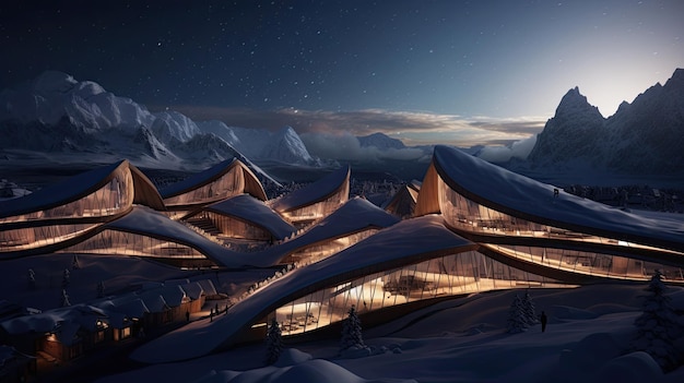 Futura arquitetura de madeira cidade neve montanhas geleira aurora boreal