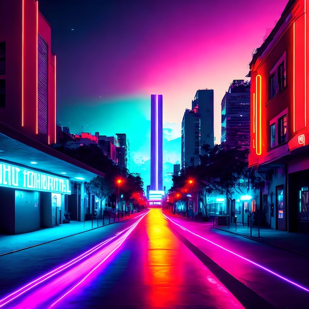 Futura ciudad moderna con arte generativo de luces de neón de AI