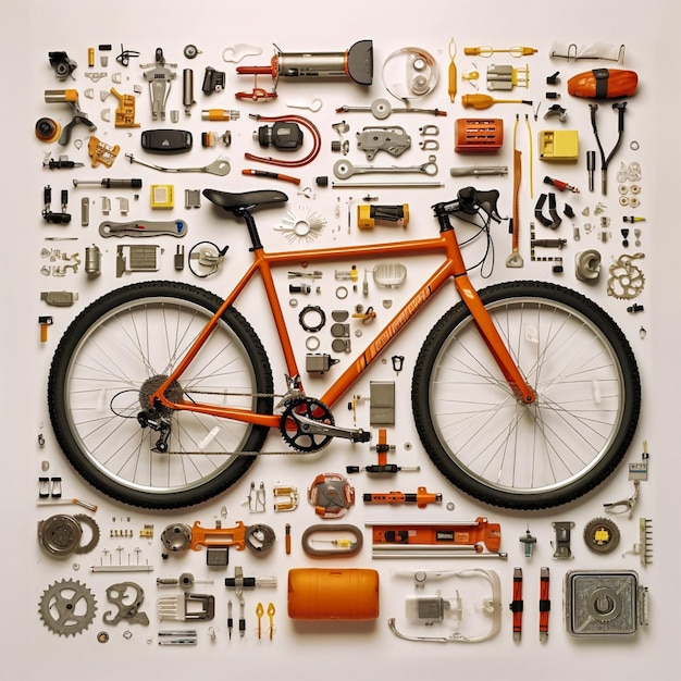 Foto futura enorme bicicleta knolling knolling layout decon generativa ai