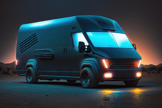 Futura furgoneta de carga con grandes ventanales en los faros y concepto futurista de cabina iluminada