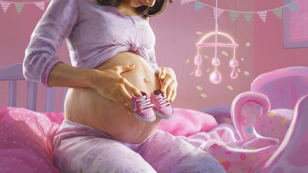 La futura madre aplicando zapatos de niña al vientre