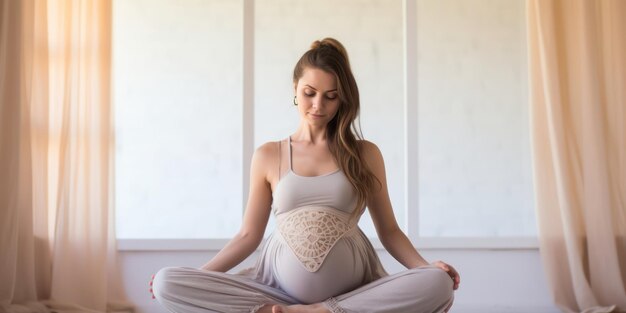 La futura madre en una postura sentada acunando amorosamente su protuberancia