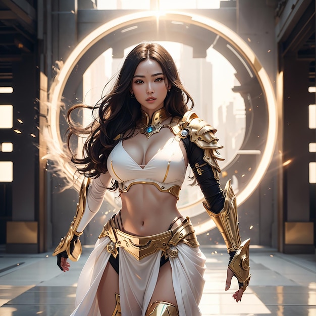 futura menina armadura tecnológica de ouro branco fundo abstrato