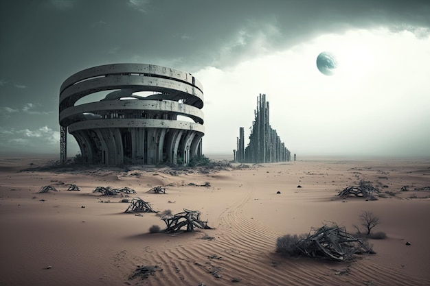 Futura paisagem cinzenta distópica do planeta deserto no futuro pós-apocalíptico