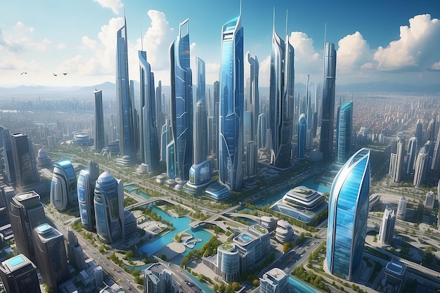 Future City Skyline Panorama 3D Scene ilustrando a paisagem urbana futurista com arranha-céus, torres, veículos voadores, vista urbana panorâmica de Megalópolis contra o céu.