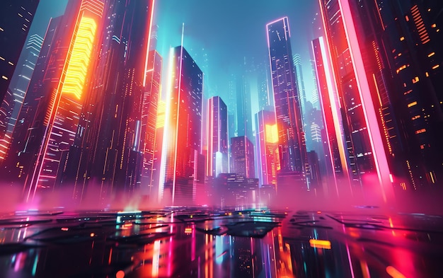 Futurismo paisagem urbana fusionada com luzes de néon e formas abstratas