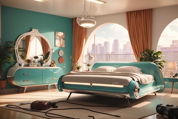 Futurismo retrô reimaginado combina estilo dos anos 1950 com tecnologia moderna em um quarto