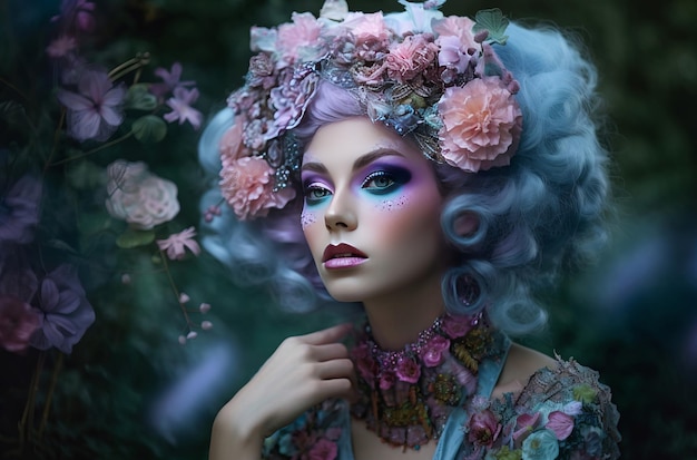 Futurismo rococó etéreo senhora com penteado floral e maquiagem colorida Futurista excêntrica surreal mulher celestial Gerar ai