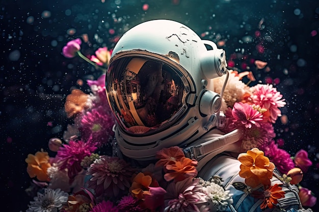 Futurista amor guerreiro alienígena astronauta robótico colhendo flores no espaço Máscara retrato generativo IA