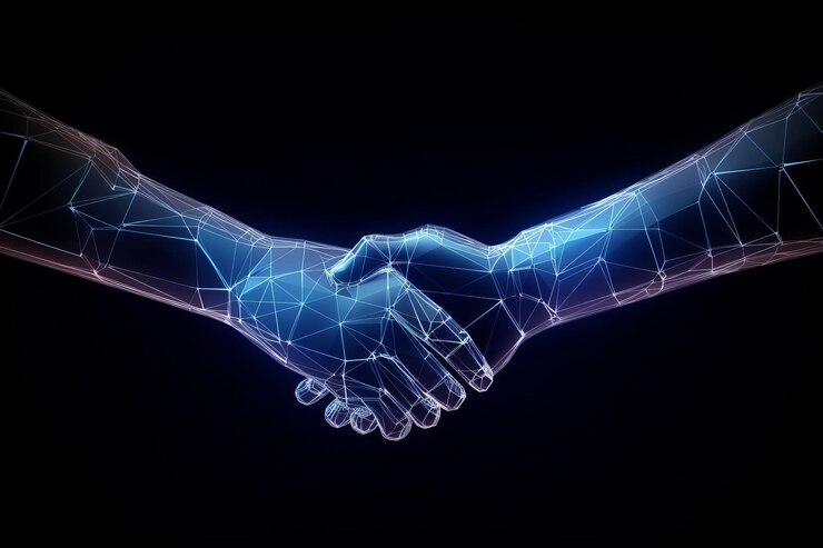 Futurista apretón de mano digital surrealista conexión de marco de alambre azul colaboración cibernética mano virtual
