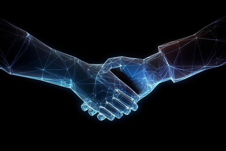 Futurista apretón de mano digital surrealista conexión de marco de alambre azul colaboración cibernética mano virtual