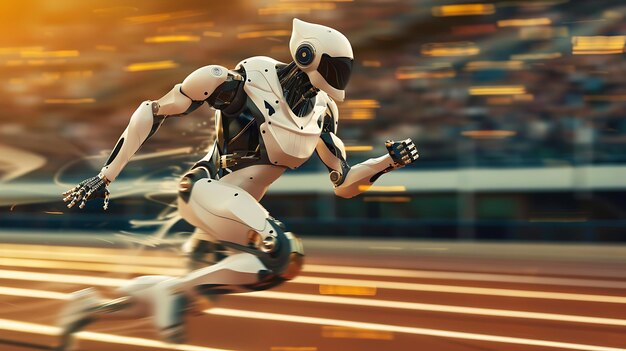 Foto futurista atleta robot corriendo en una pista el robot es blanco y gris con un diseño elegante