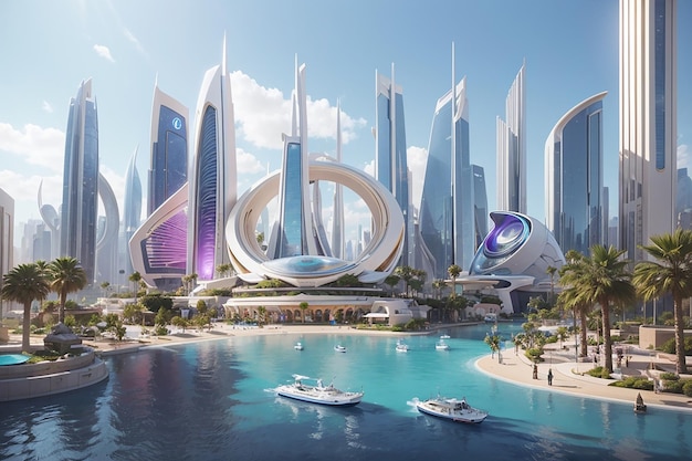 Futurista avançado moderno Neom cidade de fundo na Arábia Saudita em um pool de natação amanhã Riad