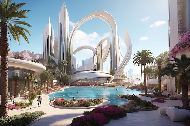 Futurista avançado moderno Neom cidade de fundo na Arábia Saudita em um pool de natação amanhã Riad