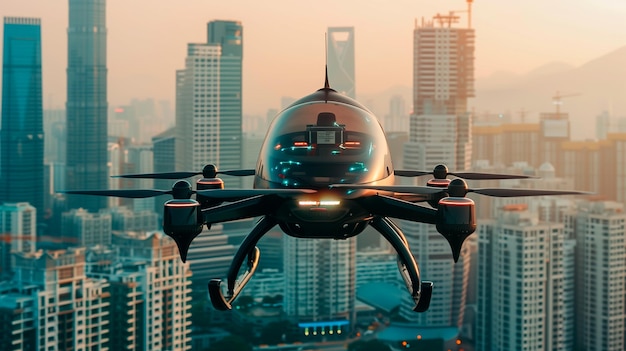 Futurista avión no tripulado de pasajeros volando en el cielo sobre la ciudad moderna con rascacielos