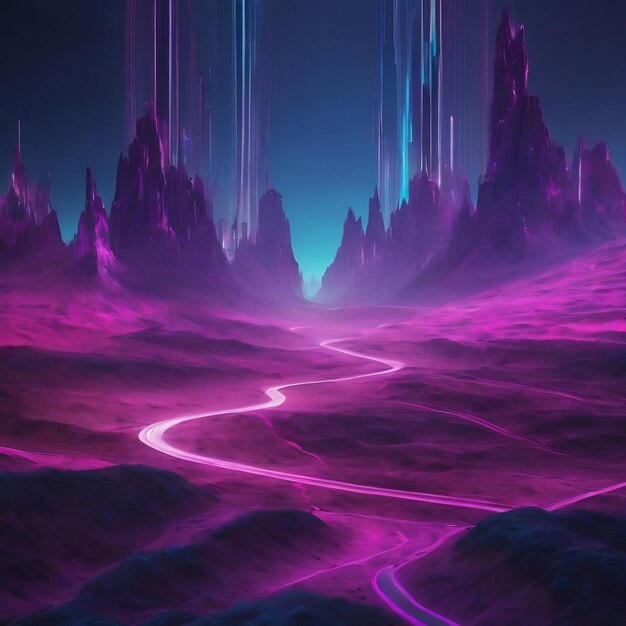 Futurista azul rosa púrpura paisaje de línea digital