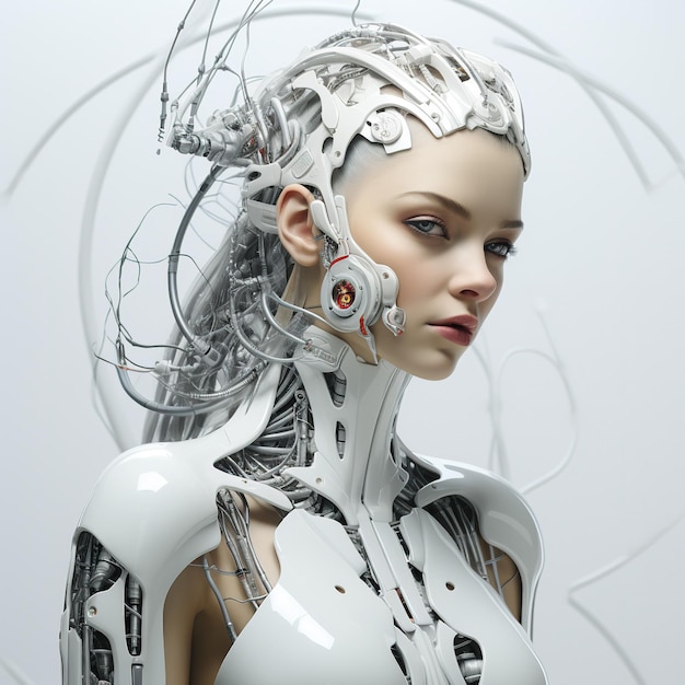 Futurista bela mulher humana robô com fundo futurista robótico