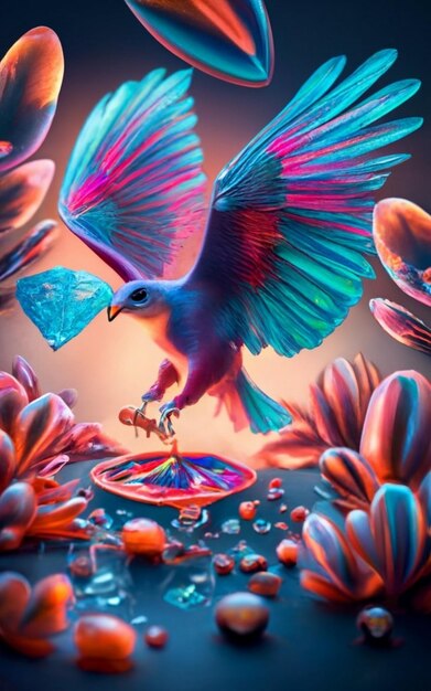 Foto futurista brillo colorido pájaro renderización en 3d