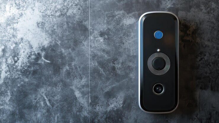 Futurista cámara de timbre de video en un fondo moderno con un amplio espacio de copia