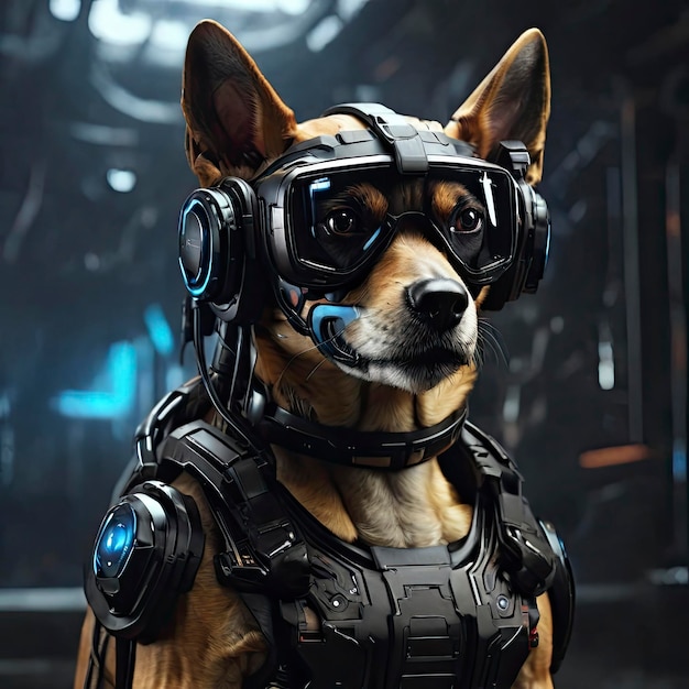 Foto futurista cão animal de estimação usando fone de ouvido vr de realidade virtual em casa vision pro tecnologia mais recente ai