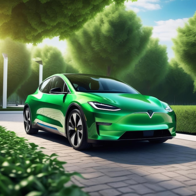 Futurista carro elétrico verde com horizonte de rua verde da cidade conceito de emoção de eletromobilidade