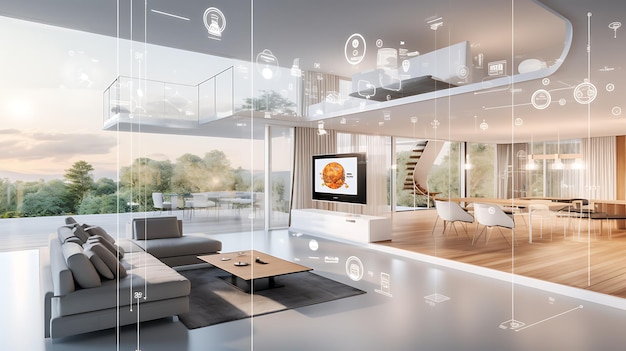 Futurista casa inteligente conectada a Internet con varios dispositivos en la casa