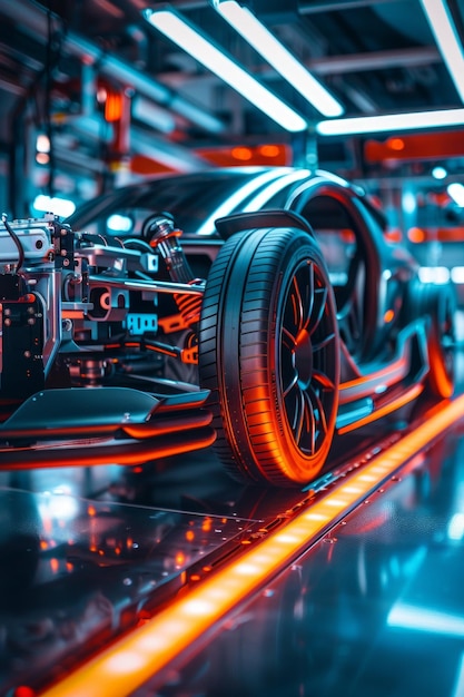 Foto futurista chasis de automóvil deportivo eléctrico rápido con características de alto rendimiento ancho estandarte con amplio