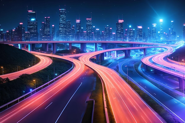 Futurista cidade futura moderna com estrada rodoviária à noite arte generativa por IA