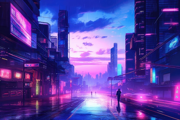 futurista ciudad cyberpunk luces de neón encendidas por la noche ilustración de fondo