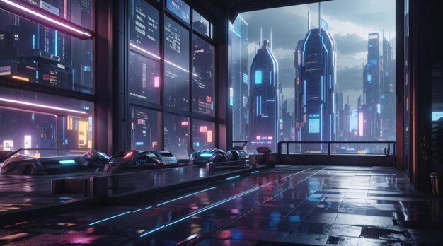 Foto futurista ciudad nocturna cyberpunk luces de neón de la metrópolis luces de neon ciudad moderna con edificios de gran altura