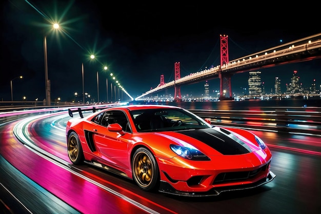 Futurista coche deportivo en la carretera en la noche aigenerado