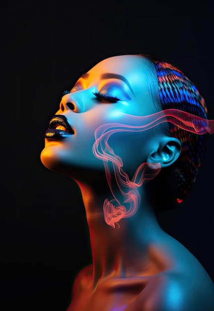 Futurista conceitual com cores neon, rosto de uma mulher aprendendo e conceito de dados profundos