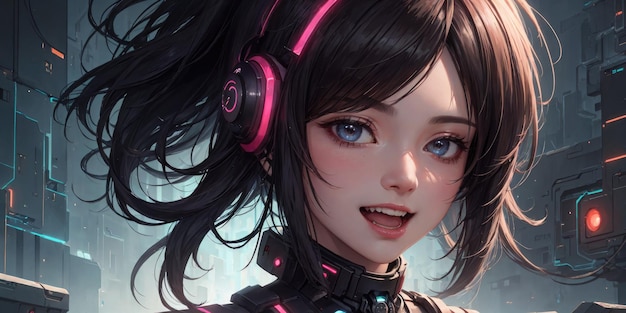Futurista Cyberpunk Anime Garota com fones de ouvido