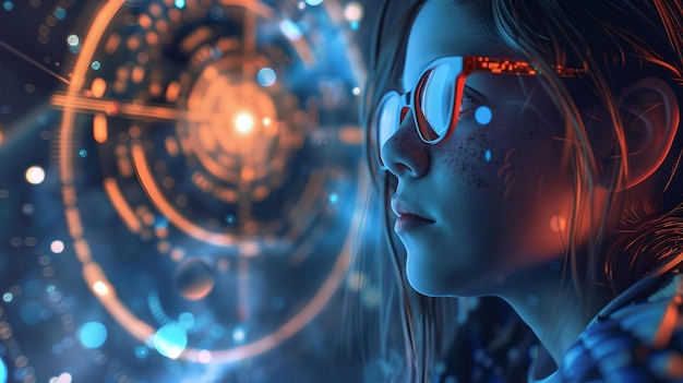 Futurista cyberpunk garota maravilhas no espaço digital conceito de realidade virtual brilho de néon estilo sci-fi visualizando o futuro AI gerado AI