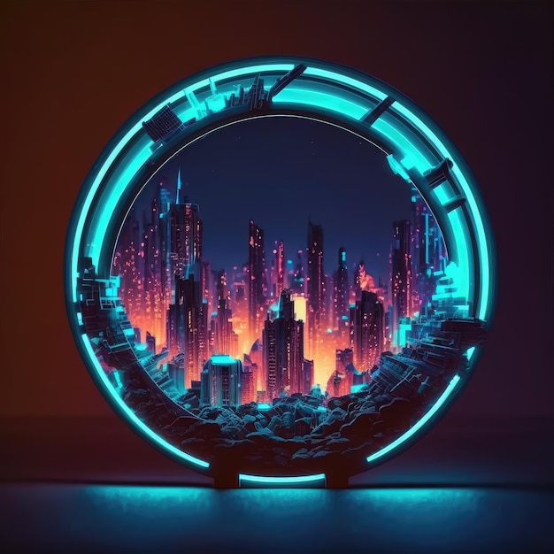 Futurista de neon brilhando em forma de círculo da vista da paisagem urbana