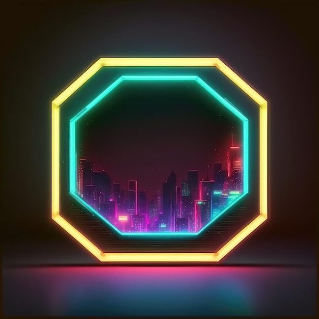 Futurista de neon brilhando em forma de hexágono da vista da paisagem urbana